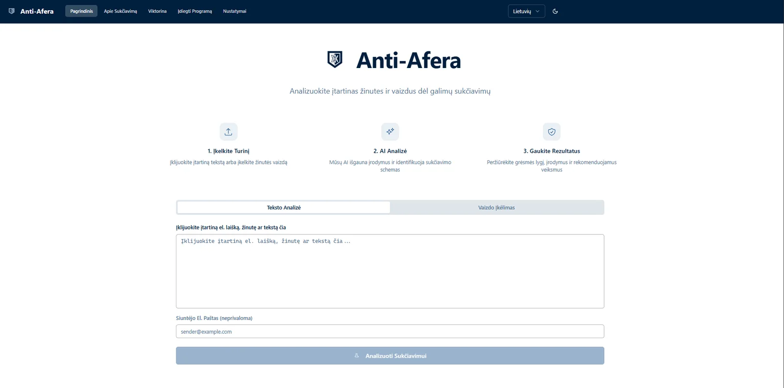 ANTI-AFERA landing page with text and image analysis options for detecting possible scams