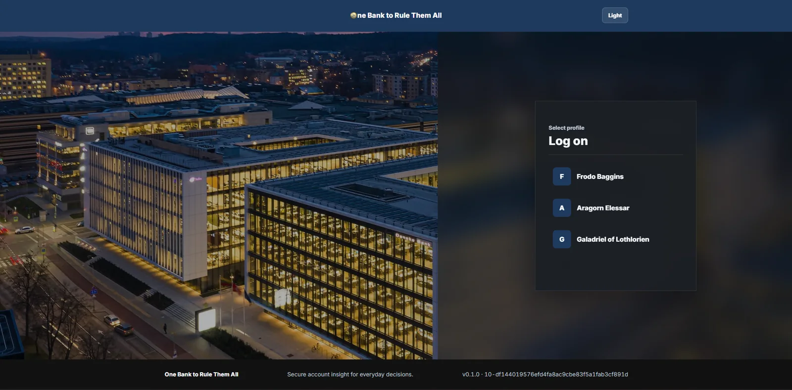 One Bank to Rule Them All login screen beside a night view of the Danske Bank office in Vilnius